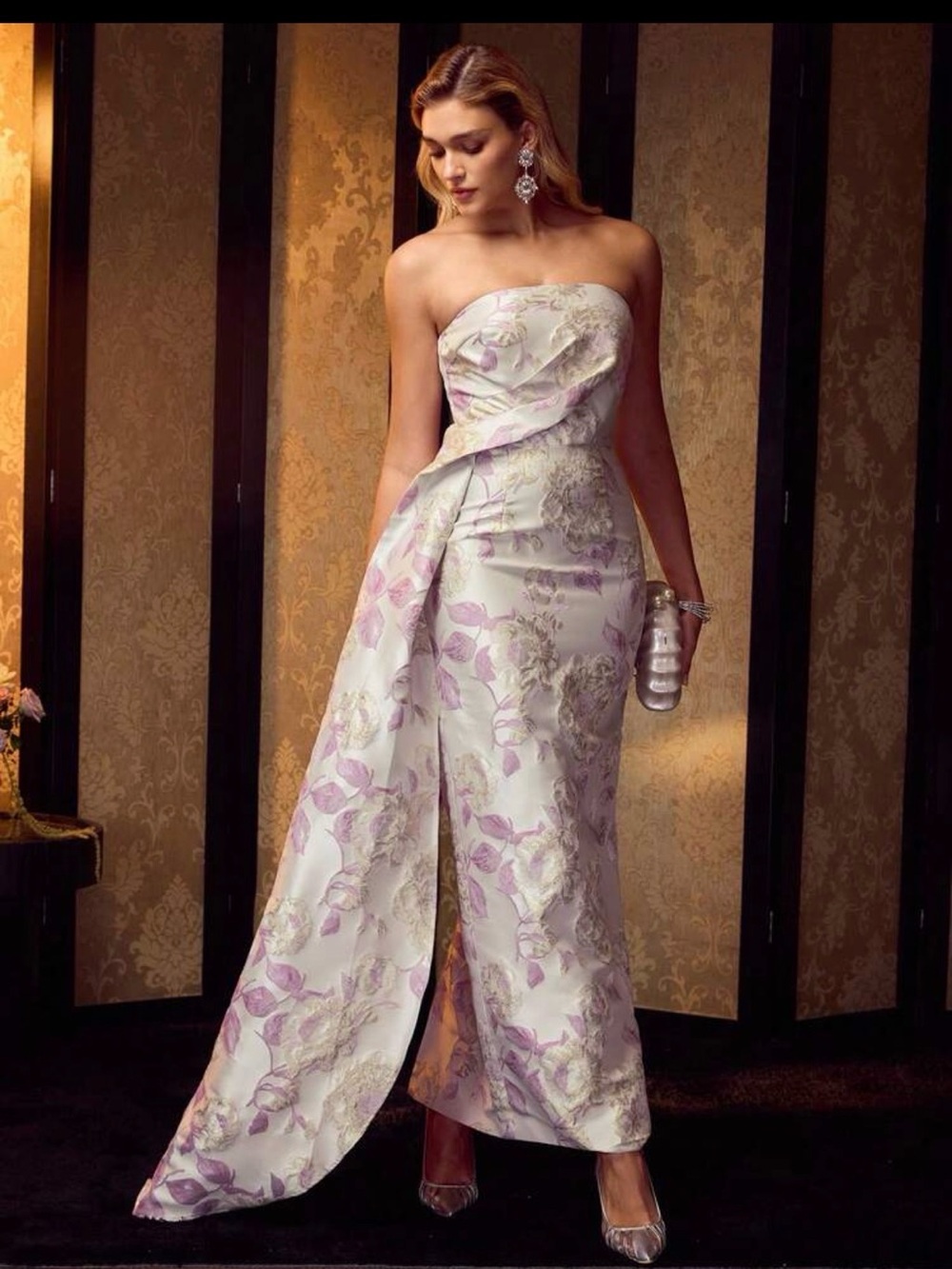 Strapless Floral Jacquard Evening Gown in Ivory and Lilac